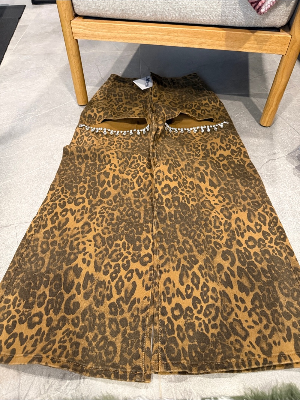 Leopard Print Wide Leg Jeans with Rhinestone Trim - Brown - Picture 2 of 7